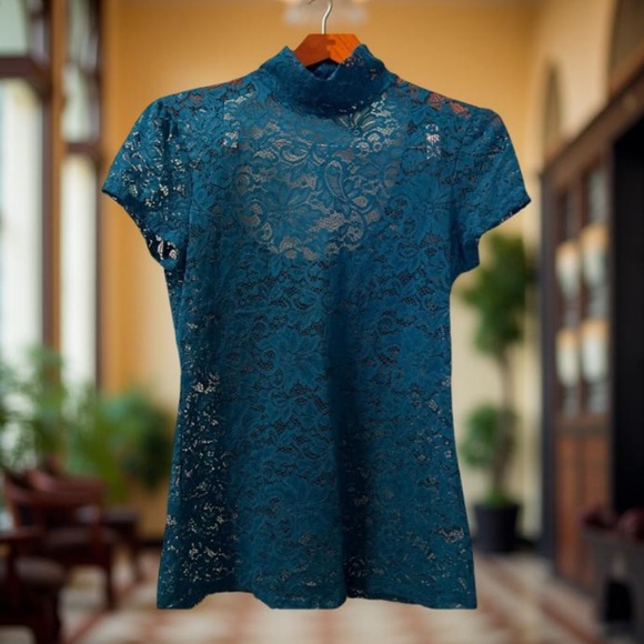 Express Top Lace open back teal  Small - Picture 9 of 10